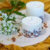 TL Candles handmade soy wax candle with pine and saltwater scent, decorated with amber pieces, natural eco-friendly candle handmade in Latvia