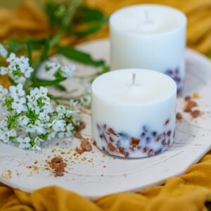 TL Candles handmade soy wax candle with pine and saltwater scent, decorated with amber pieces, natural eco-friendly candle handmade in Latvia