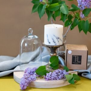 TL Candles handmade soy wax candle with lavender scent, decorated with real lavender blossoms, natural eco-friendly candle handmade in Latvia