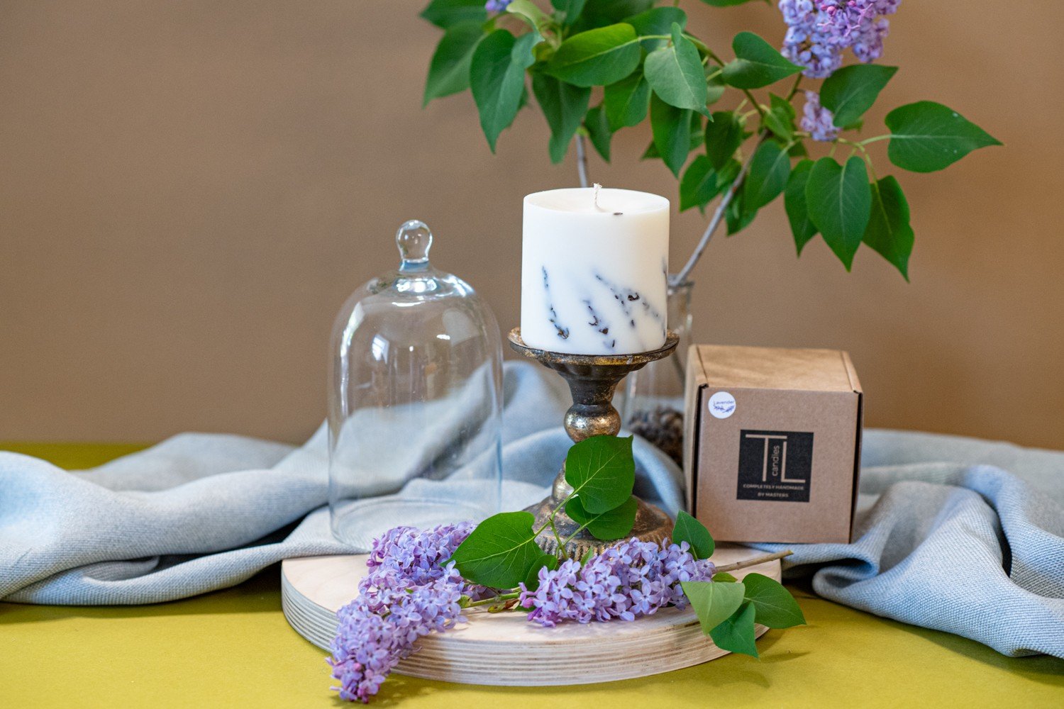 Hand-made Soy Wax Candle with Lavender Scent - White TL Candles handmade soy wax candle with lavender scent, decorated with real lavender blossoms, natural eco-friendly candle handmade in Latvia