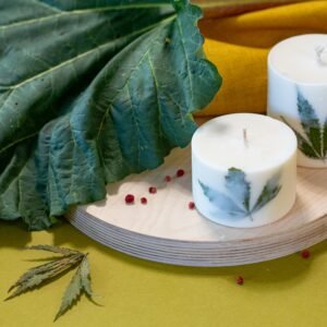 TL Candles handmade soy wax candle with Clary Sage scent and hemp leaves, natural eco-friendly candle handmade in Latvia