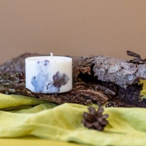 TL Candles handmade soy wax candle with forest scent, white fir, cedar, birch, and pine, decorated with forest botanicals, handmade in Latvia