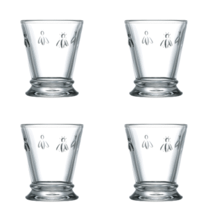 La Rochère Bee Water Glasses Set of 4, 250 ml transparent pressed glass tumblers from the Abeille (Bee) collection, made in France
