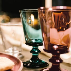 La Rochère Bee Glasses Set of 4, 220 ml coloured pressed glass stemware in eggplant, emerald, green and blue from the Abeille (Bee) collection, made in France