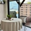 Round beige tablecloth made from recycled linen blend, Nordic minimalist design, handmade in Europe