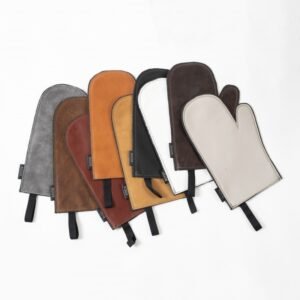 Leather oven mitten by KOOSdisain with genuine leather front, wool felt back and cotton hanging loop in different colors
