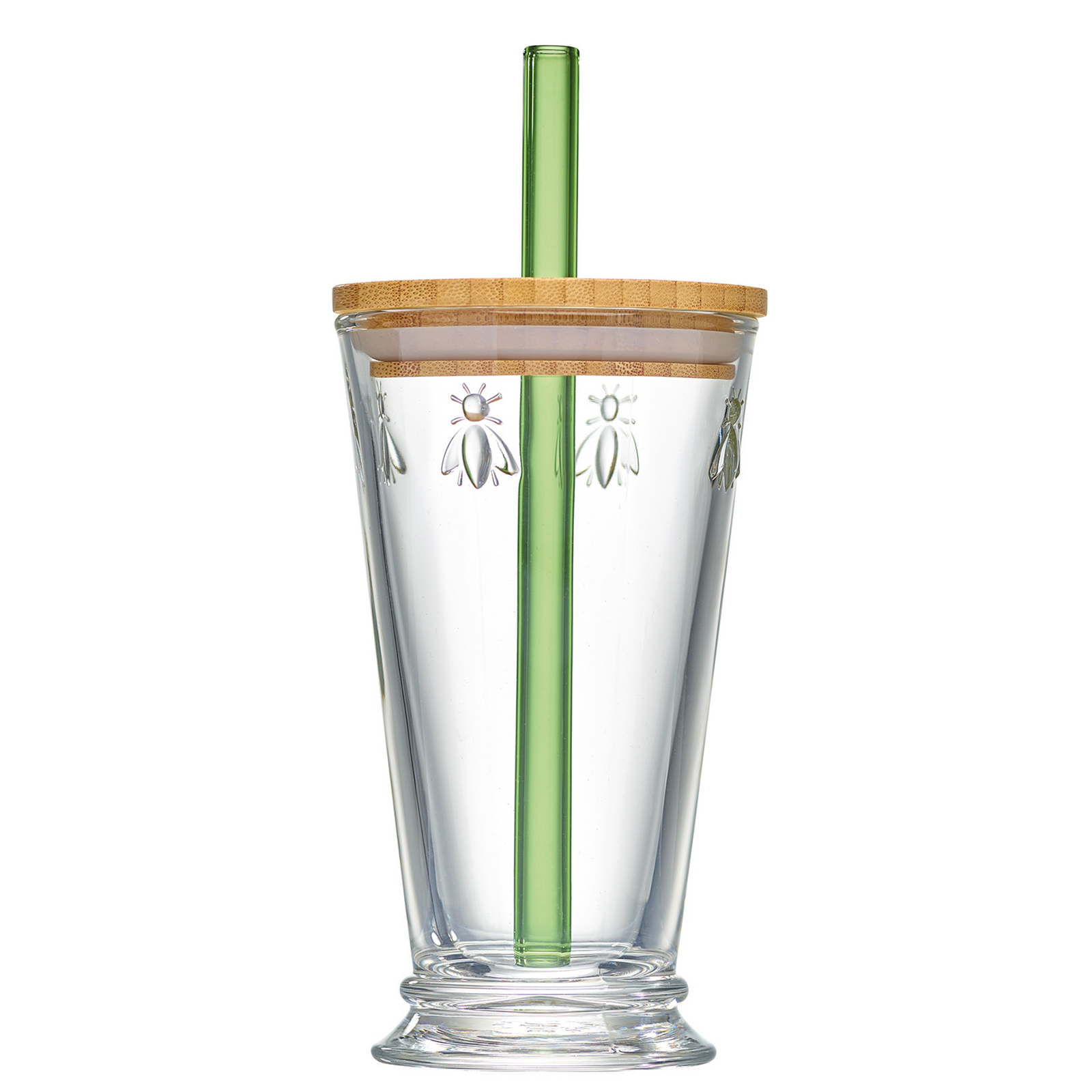 Bee Smoothie Glass, 420 ml La Rochère Bee Smoothie Glass 420 ml with bamboo lid and glass straw, transparent pressed glass from the Abeille (Bee) collection, made in France
