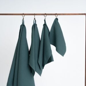 Organic petrol blue waffle cotton towel handmade in Latvia, OEKO-TEX certified, soft and quick-drying
