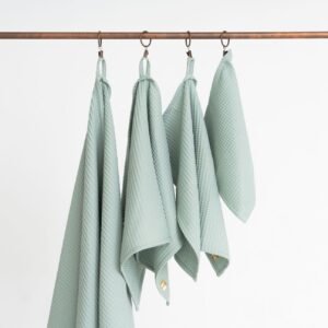 Organic sage green waffle cotton towel handmade in Latvia, OEKO-TEX certified, soft and quick-drying
