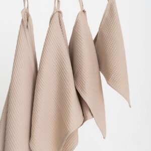 Organic beige waffle cotton towel handmade in Latvia, OEKO-TEX certified, soft and absorbent