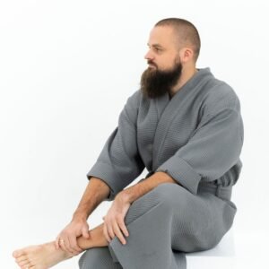 NUSS long waffle cotton robe for men, OEKO-TEX certified, handmade in Latvia, breathable cotton bathrobe