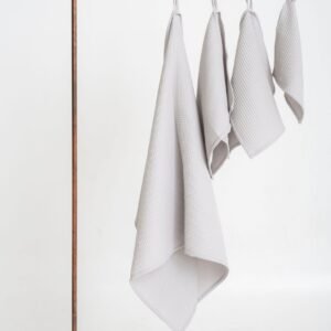 Organic light gray waffle cotton towel handmade in Latvia, OEKO-TEX certified, soft and quick-drying