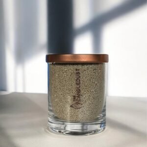 Candledust Unscented Powder Candle in Glass Olive Green 160 g, handmade Estonian powder candle, clean plant wax, refillable, smoke-free