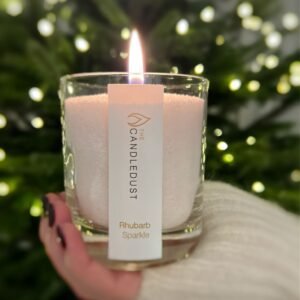 Candledust Powder Candle in Glass Rhubarb Sparkle 160 g, handmade Estonian scented candle with rhubarb, champagne, peach, and pear fragrance