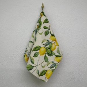 Kitchen Towel – Lemon Linen by Hortensias Home, cotton–linen blend with vivid lemon print, handmade in Europe
