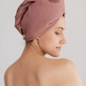 NUSS cotton waffle hair towel turban with button, OEKO-TEX certified, handmade in Latvia, absorbent hair wrap