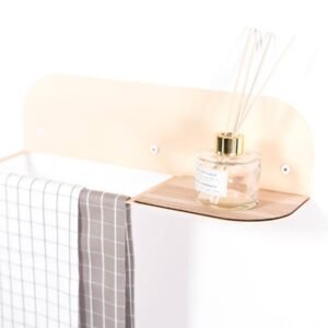 EWART Woods Steel & Wood Towel Rack – Beige, handmade wall-mounted towel holder with shelf, minimalist Nordic bathroom accessory, made in Latvia