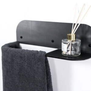 EWART Woods Steel & Wood Towel Rack – Waxed Steel, handmade wall-mounted towel holder with shelf, industrial Nordic design, made in Latvia