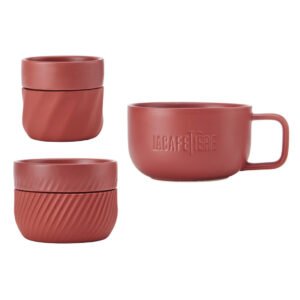 La Cafetière red coffee mugs set of 3 stackable glazed porcelain cups with silicone grip bands for cappuccino, flat white and espresso