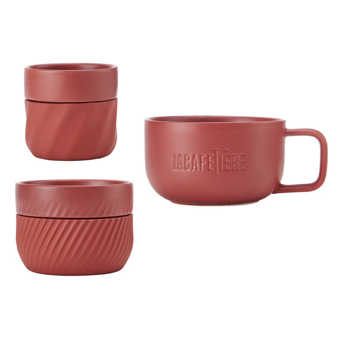 La Cafetière Red Coffee Mugs, 3 pcs La Cafetière red coffee mugs set of 3 stackable glazed porcelain cups with silicone grip bands for cappuccino, flat white and espresso