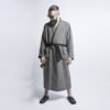 KOOSdisain linen bathrobe in black fishbone pattern, made from 100% pre-washed linen