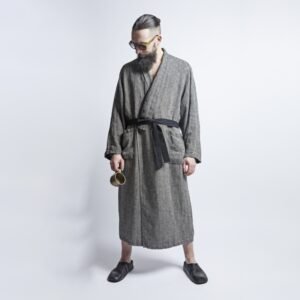 KOOSdisain linen bathrobe in black fishbone pattern, made from 100% pre-washed linen