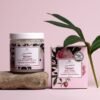Magrada peony body scrub with organic fruit oils, sea salt exfoliating body care, vegan organic skincare, handmade in Estonia