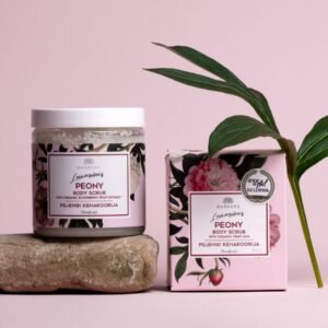 Magrada peony body scrub with organic fruit oils, sea salt exfoliating body care, vegan organic skincare, handmade in Estonia