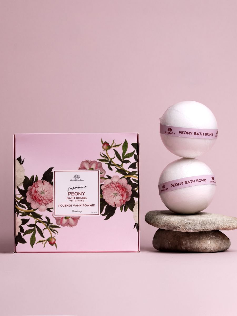 Luxurious Peony Bath Bomb With Vitamin E - Set of 4 Bombs Magrada luxurious peony bath bomb set with vitamin E, natural bath care, moisturizing vegan skincare, handmade in Estonia