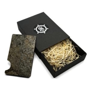 Pime Kõrb stone-design metal card holder with RFID blocking by Seif Design, minimalist slate stone card holder made in Estonia