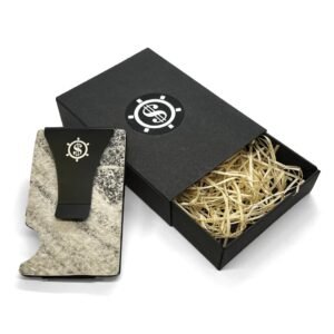 Mere Marmor marble-design metal card holder with RFID blocking by Seif Design, minimalist stone-inspired card holder made in Estonia
