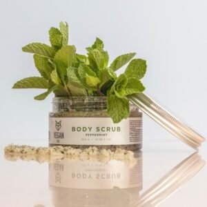 Refreshing natural peppermint body scrub with salt and oils by Vegan Fox – vegan, cruelty-free, handmade in Latvia