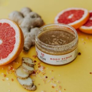 Natural anti-cellulite body scrub with ginger, grapefruit, and oils by Vegan Fox – warming, vegan, cruelty-free, handmade in Latvia
