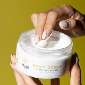 Natural linden blossom body cream by Vegan Fox, vegan and cruelty-free skincare with avocado, aloe and sunflower oils, handmade in Latvia