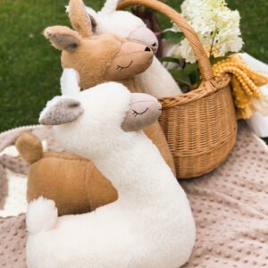 alpaca-shaped pillow cream – handmade faux fur soft toy cushion, vegan-friendly home décor from Lithuania