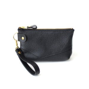 POUCH Wallet in black leather with golden details by TOKS VISOKS, handmade mini pouch with zipper and removable wrist strap, made in Lithuania