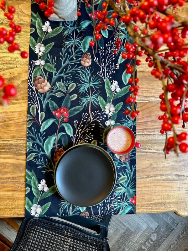 Christmas Forest table runner with tassels by Hortensias Home, 100% printed cotton festive runner in several sizes