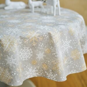 Snowflakes round tablecloth with gold and grey print, cotton–polyester blend, handmade in Europe