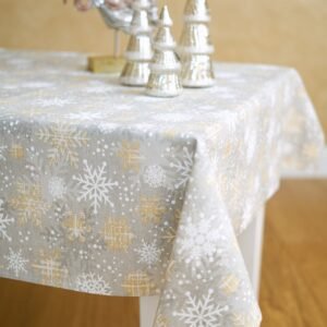 Snowflakes rectangular tablecloth with gold and grey pattern, cotton–polyester blend, handmade in Europe