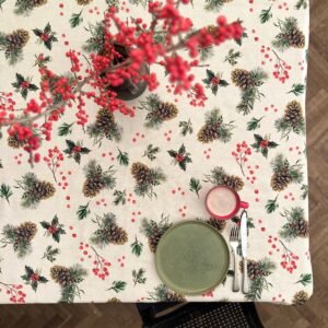 Winter Motive Golden Pine rectangular tablecloth, cotton blend with golden pine print, handmade in Europe