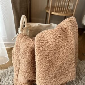 Teddy blanket in sand color – handmade in Lithuania, soft textured throw, Nordic minimal home design