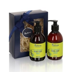 Nurme Natural Body Care Set Wild Lemongrass, natural shower gel and body lotion duo, citrus-scented skincare gift, handmade in Estonia