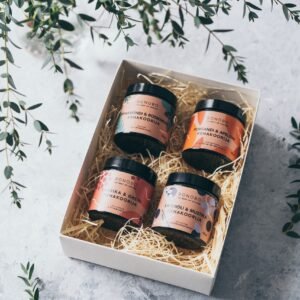 Bonobo “Piece of Heaven” natural body scrub gift box, handmade in Estonia, includes four natural exfoliating body scrubs