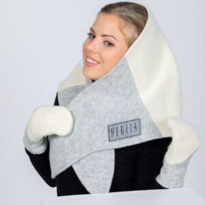 Handmade Wool Triangle Shawl in white and light grey — versatile Nordic wool accessory, sustainable slow fashion, handmade in Estonia