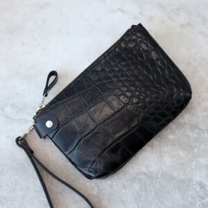 Black alligator leather POUCH wallet with removable wrist strap by TOKS VISOKS, handmade pouch wallet for phone, cards and cash, made in Lithuania