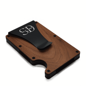 Lite Walnut RFID card holder by Seif Design, minimalist aluminium and real walnut wood card holder for up to 12 cards, made in Estonia